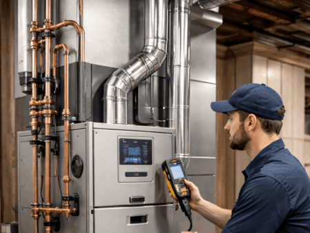 HVAC technician testing a newly installed Ultra-Low NOx furnace in a residential basement.