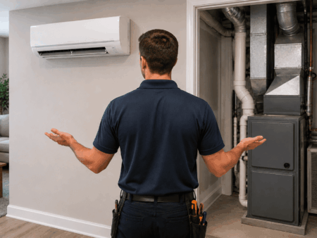Technician comparing ductless mini-split HVAC and central air conditioning systems inside a residential property.