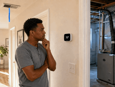homeowner checks themostat during HVAC trouble
