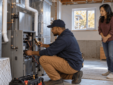 HVAC Technician Checks Furnace, Homeowner Watches