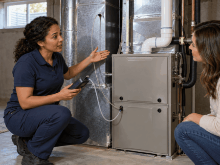 Female HVAC technician discusses airflow testing with a homeowner beside a furnace while holding a digital manometer connected to test tubing