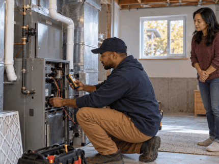 HVAC Technician Checks Furnace, Homeowner Watches HVAC Technician Checks Furnace, Homeowner Watches